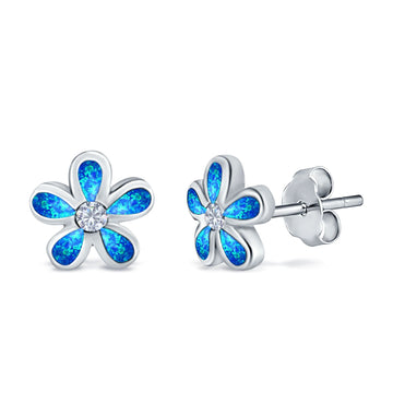 Flower Stud Earrings Lab Created Blue Opal Simulated CZ 925 Sterling Silver (7mm)